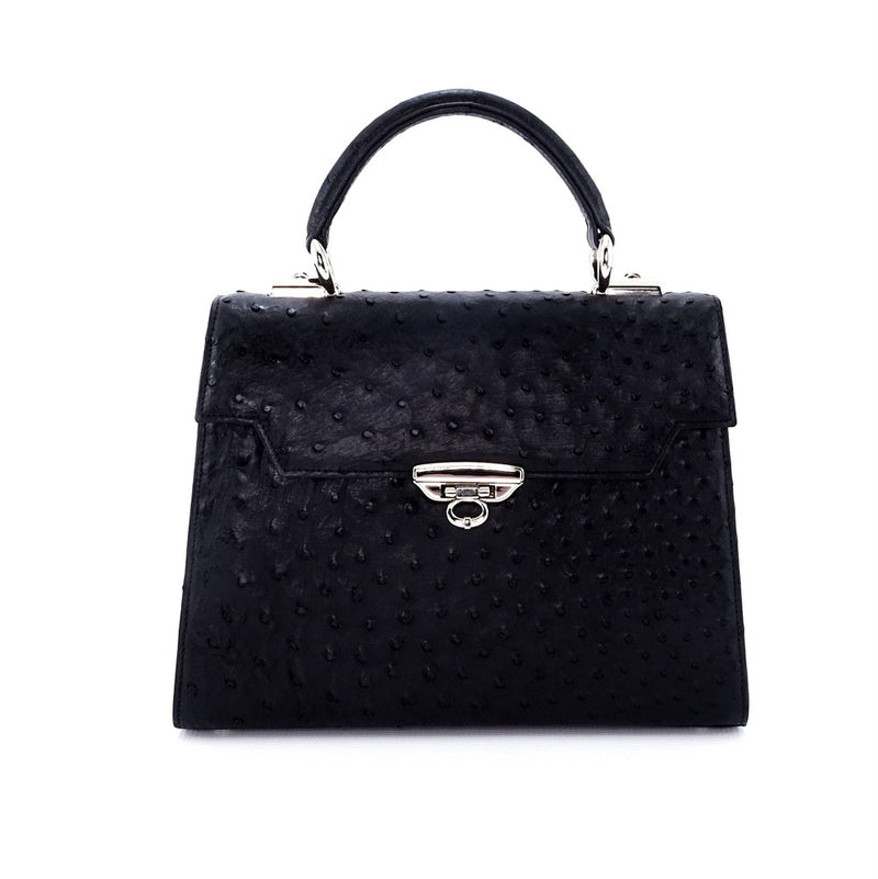Handbag -traditional - (Joan)  Black ostrich skin leather showing flat front view