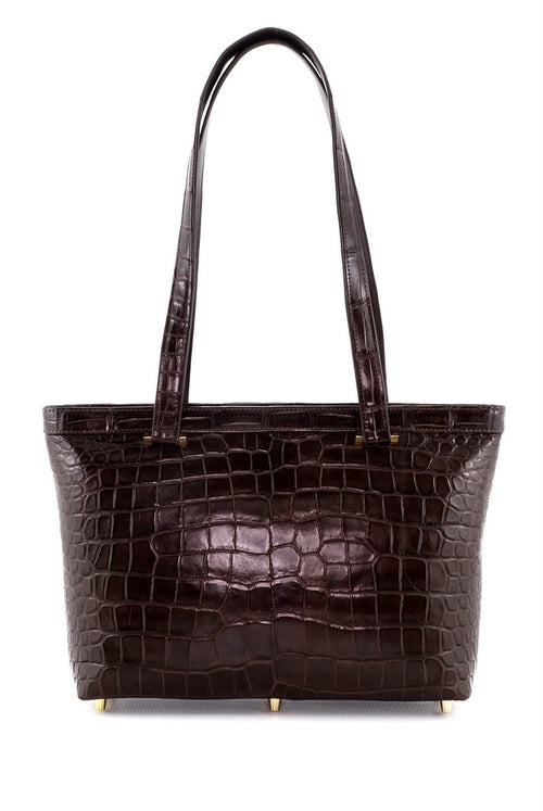 Tote bag - medium-(Emily) Designer bag in chocolate matt Crocodile shown with shoulder straps up