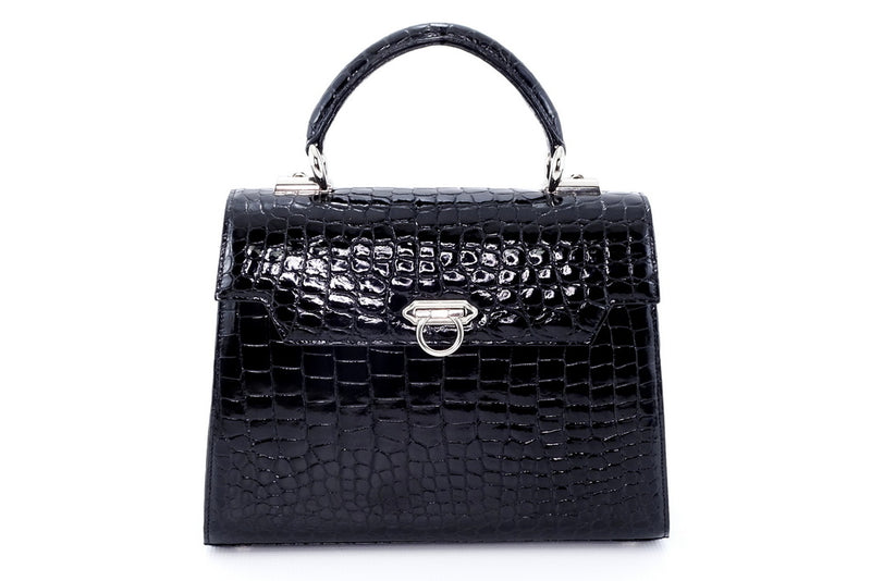 Handbag -traditional - (Joan) - Black glaze crocodile with nickel fittings. This photo shows the front view without the shoulder straps