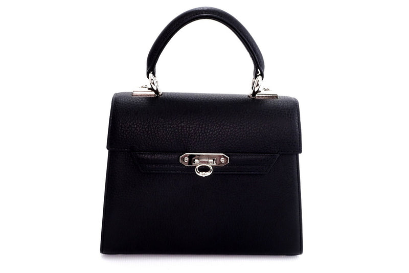 Handbag -traditional - (Beverly) - Black textured leather. The front view without the shoulder strap.