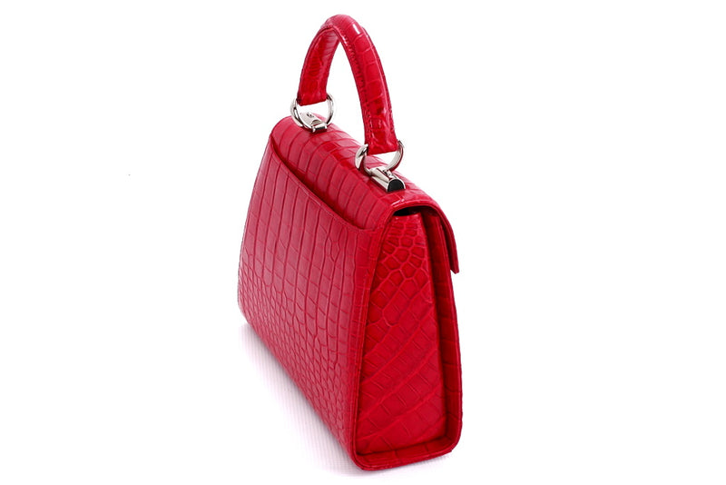 Handbag -traditional - (Beverly) Red matt crocodile showing back and side gusset view of the handbag.