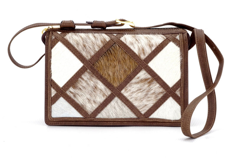 Handbag (Riley) Cross body bag - Brown patchwork Hair on cow hide, showing brown side