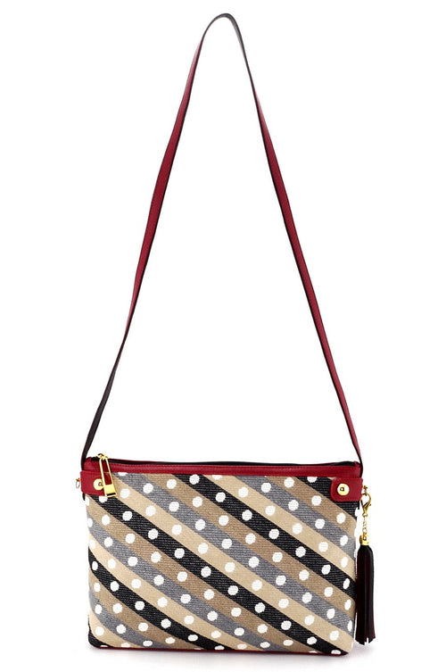 Tote bag small (Rosie) Light weight - Stripes & spot fabric with red trim showing full bag