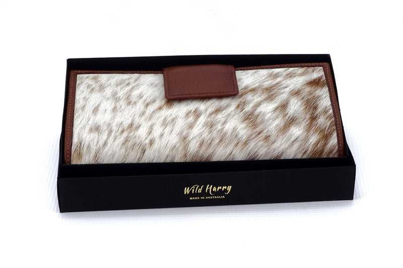 Purse - large clutch - (Willow) Hair on hide leather in tan colours showing purse in gift box