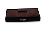 Purse - large clutch-(Willow) Brown ostrich skin leather - tab closure photo showing purse in gift box