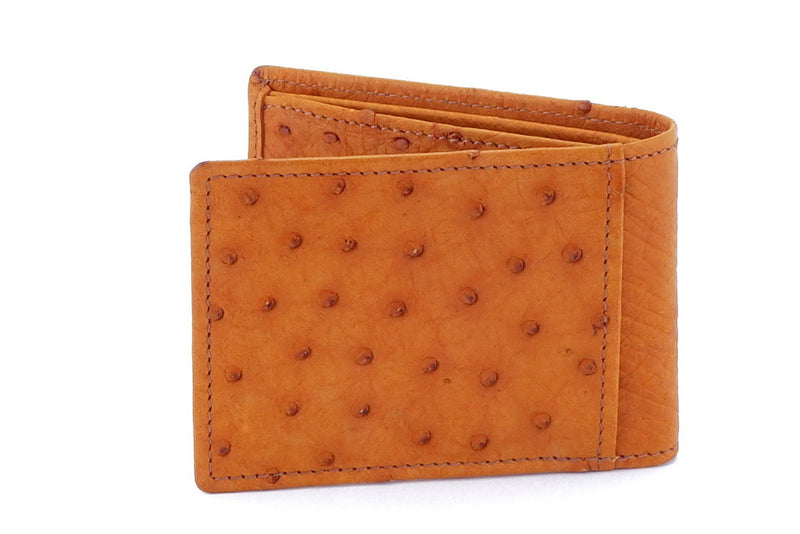 Wallet - small bi-fold - (Tristan)  Saddle tan Ostrich - picture flap back veiw of pocket