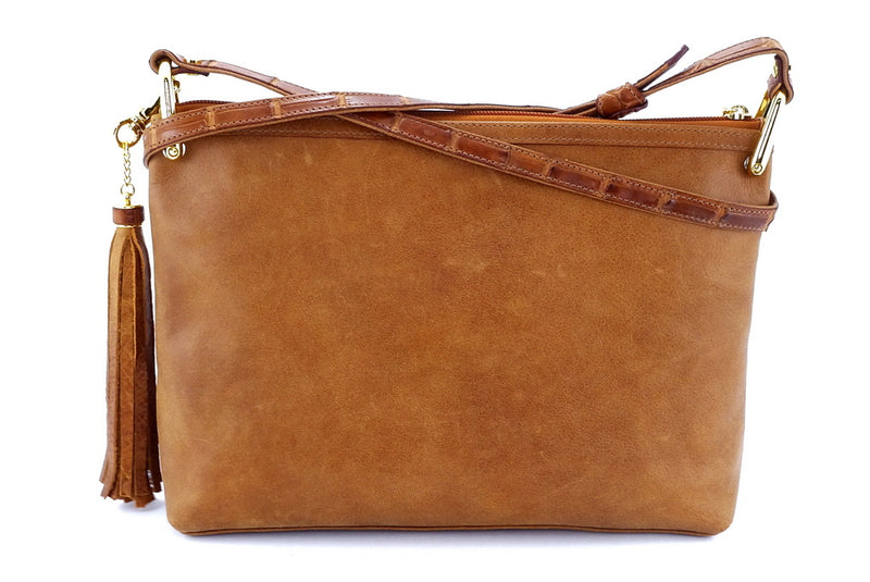 Tote Bag - small - (Rosie) Tan crocodile skin with leather back showing leather side view