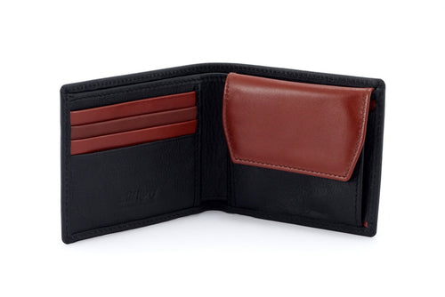 Wallet - medium bi fold - (Mason) Black & tan leather - coin pocket showing inside of version 1
