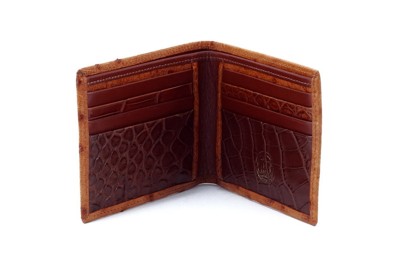 Wallet - medium bi fold - (Mason)  Tan ostrich wallet with brown internal showing internal pockets