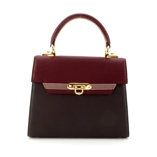 Handbag -traditional - (Beverly) Dark grey, burgundy & lilac showing front of bag flat on