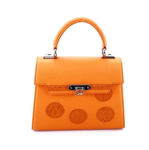 Handbag -traditional - (Beverly) Orange leather - orange crocodile showing front view