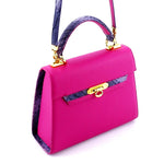 Handbag -traditional - (Beverly) - Fuchsia with lilac contrast leather showing angle front & side view