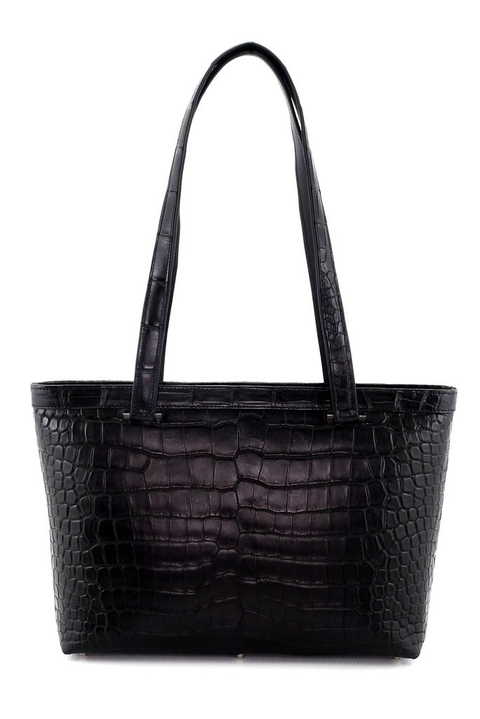Tote bag - medium-(Emily) Designer bag in Black Matt Crocodile showing shoulder straps up