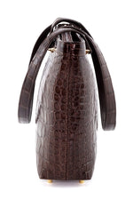 Tote bag - medium-(Emily) Designer bag in chocolate matt Crocodile end veiw shown with handles down