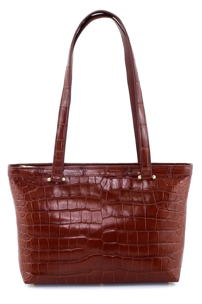 Tote bag - medium-(Emily) Designer bag in havana tan matt Crocodile showing front side with shoulder straps up