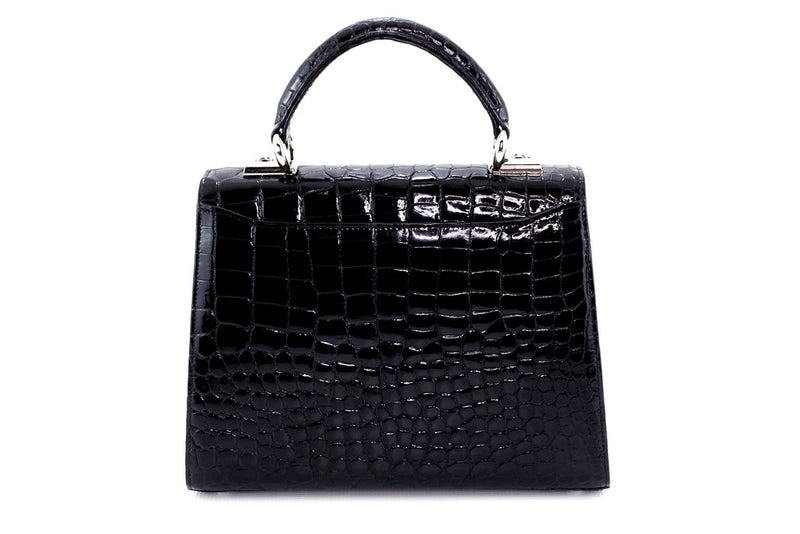 Handbag -traditional - (Joan) - Black glaze crocodile with nickel fittings. This photo is the back view showing the slip pocket.