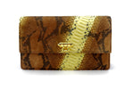 Handbag - cross body - (Tanya)  Leather print in yellow & brown showen as a clutch bag. Shoulder strap is fully removed.