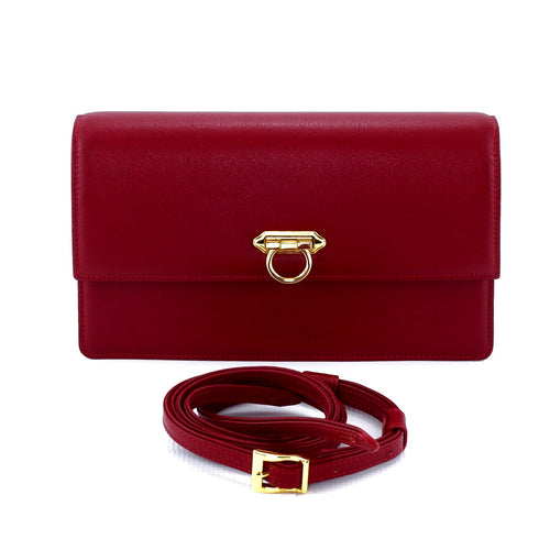 Handbag - cross body - (Tanya)  Dark Red  leather gold fittings showing the bag and shoulder strap seperated