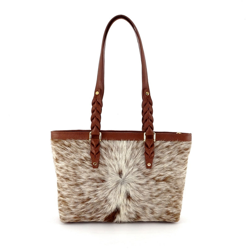 Tan Hair on hide with tripple blood knott strap leather tote bag front view with shoulder straps up