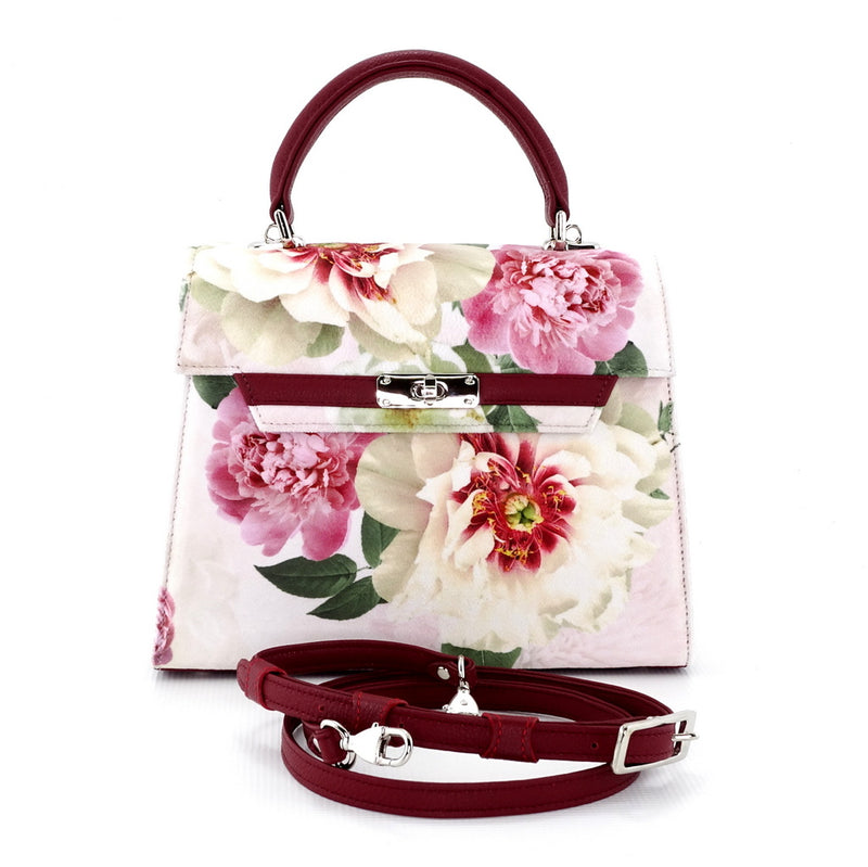 Handbag -traditional - (Beverly) - Fabric suede with floral pattern showing shoulder strap removed