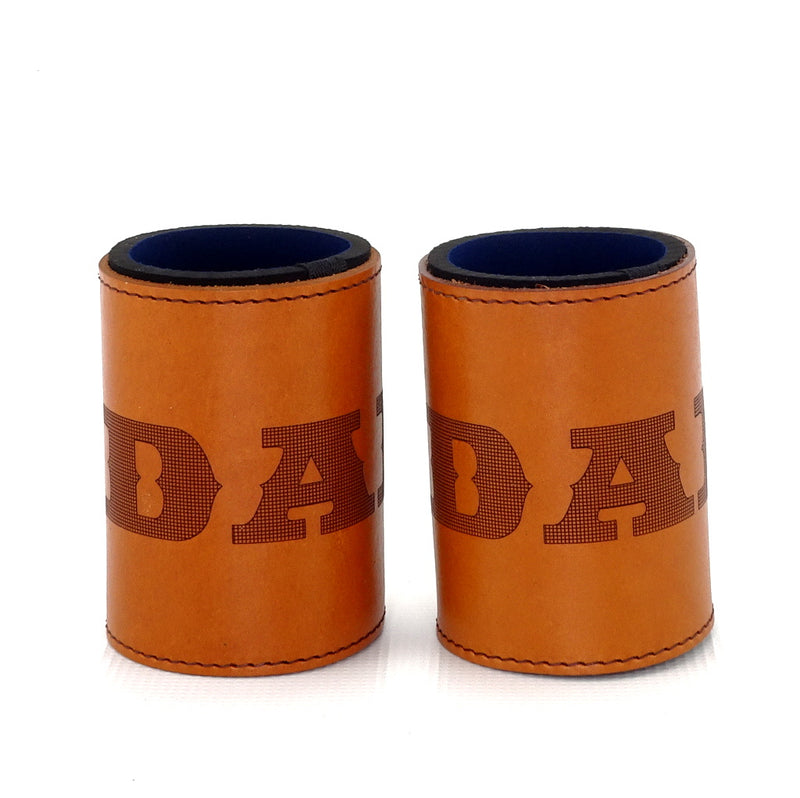 Stubby Coolers made from leather with laser engraved DAD