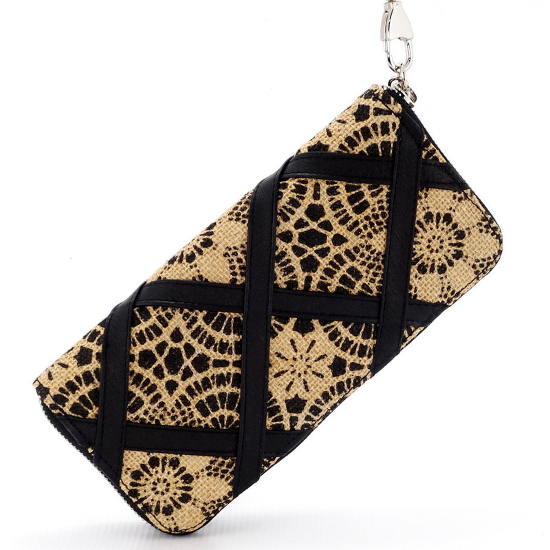 Purse - zip around - (Michaela) Hessian fabric - black & straw colours showing purse suspended by wrist strap