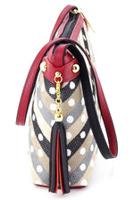 Tote bag small (Rosie) Light weight - Stripes & spot fabric with red trim showing tassel end