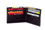Wallet - medium bi fold - (Mason) Dark brown leather - brown inside showing inside pockets in use