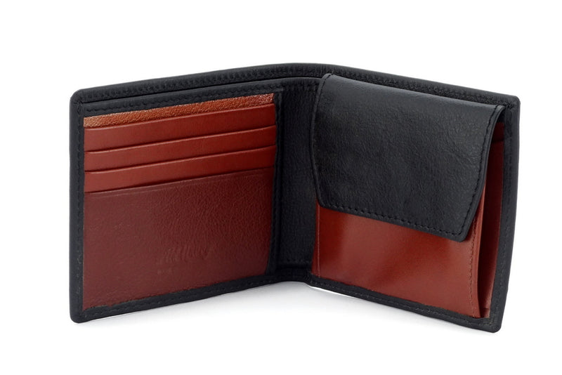 Wallet - medium bi fold - (Mason) Black & tan leather - coin pocket showing inside pockets version 2