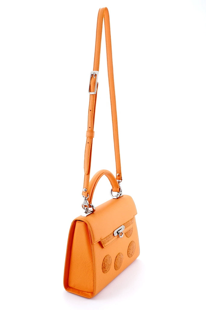 Handbag -traditional - (Beverly) Orange leather - orange crocodile showing shoulder strap at full extension angled view