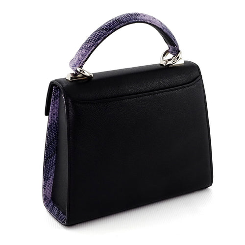 Handbag -traditional - (Beverly) - Black with lilac print contrast leather showing back slip pocket and gusset details