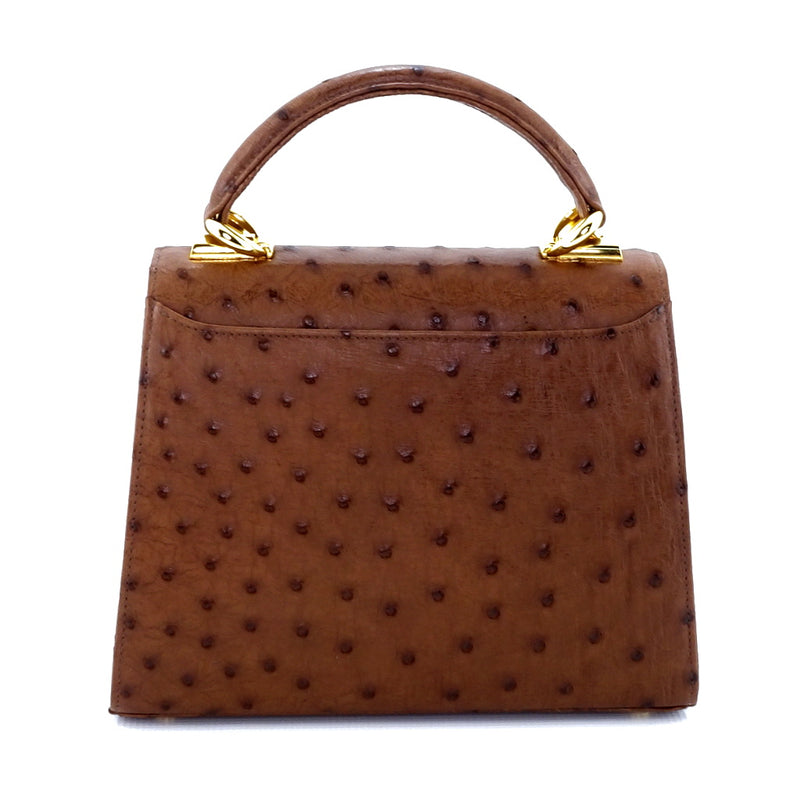 Handbag -traditional - (Beverly) - Brown Ostrich skin leather back view showing slip pocket
