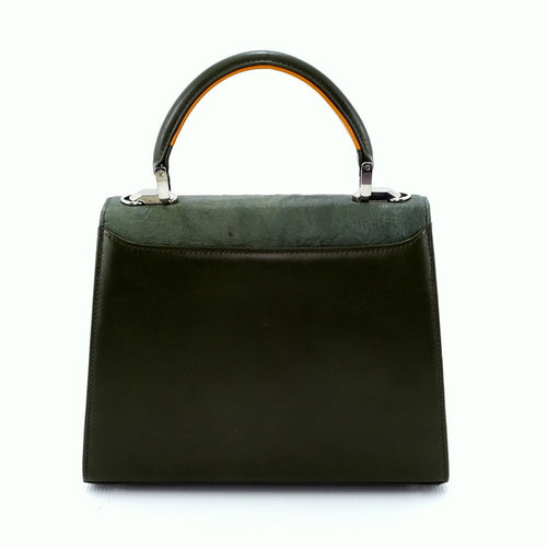 Handbag - traditional -(Beverly) Green, yellow, mango & olive leather showing back view of slip pocket