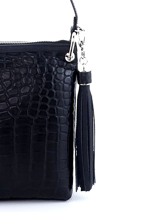 Tote Bag - small - (Rosie) Black Matt crocodile skin showing leather tassel detail
