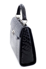 Handbag -traditional - (Joan) - Black glaze crocodile with nickel fittings. This photo is the right side view showing the gusset crocodile pattern