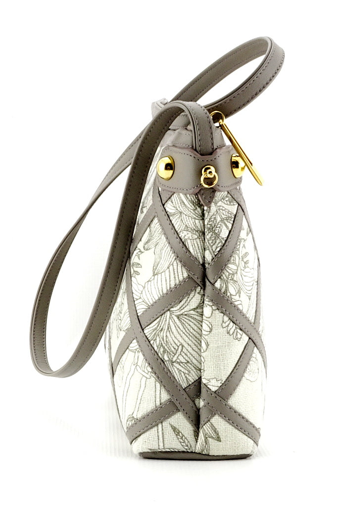 Tote bag small (Rosie) Light weight - Lotus fabric design with grey trim showing leather design on one end