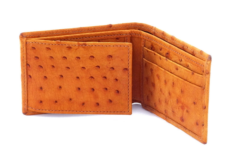 Wallet - small bi-fold - (Tristan)  Saddle tan Ostrich - picture flap showing internal pocket view
