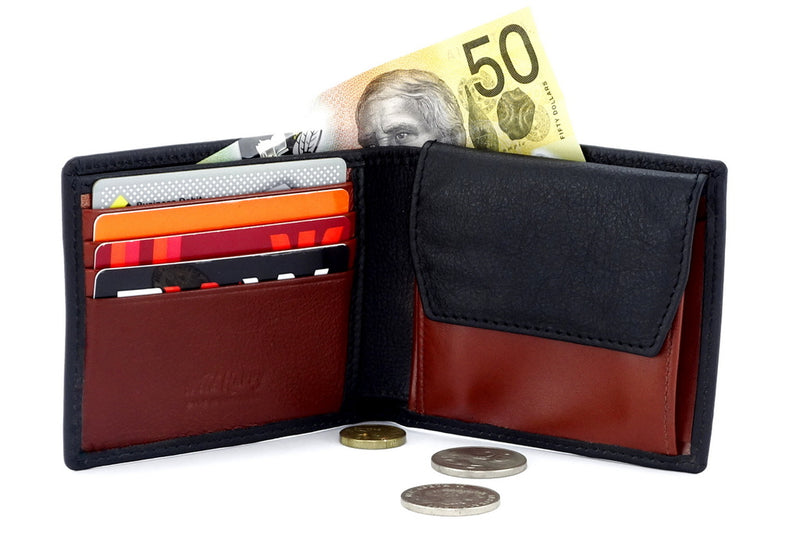 Wallet - medium bi fold - (Mason) Black & tan leather - coin pocket showing pockets in use