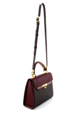 Handbag -traditional - (Beverly) Dark grey, burgundy & lilac showing details of bag with shoulder straps fully extended