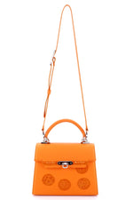 Handbag -traditional - (Beverly) Orange leather - orange crocodile showing front view with shoulder strap at full extension