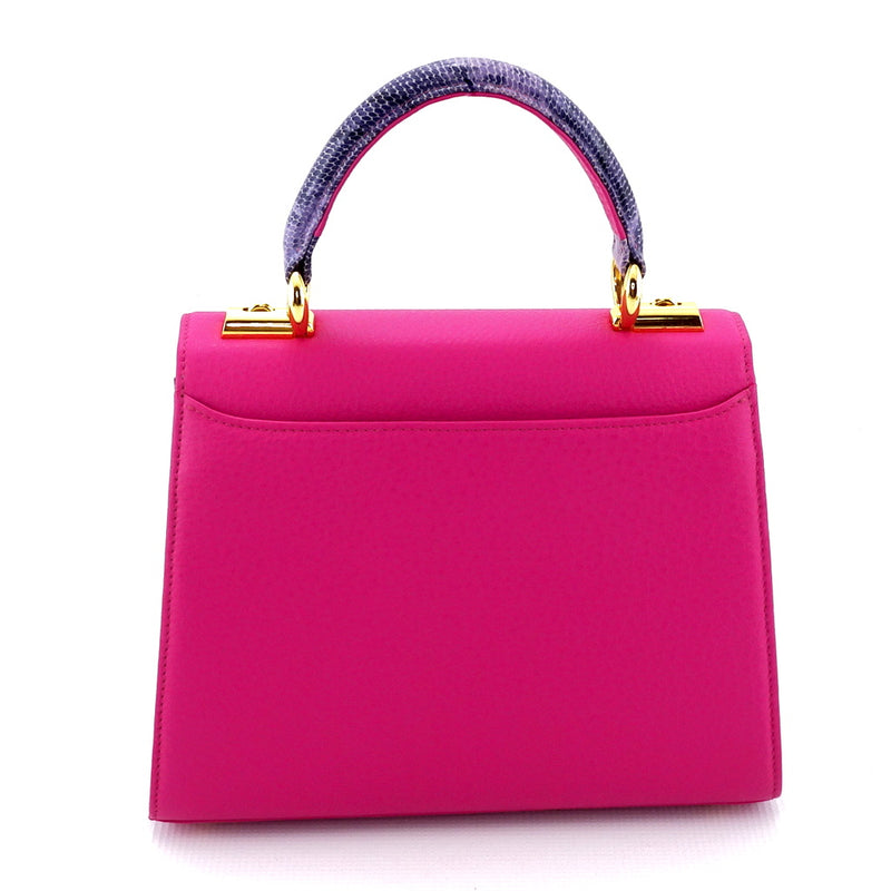 Handbag -traditional - (Beverly) - Fuchsia with lilac contrast leather back view showing back slip pocket