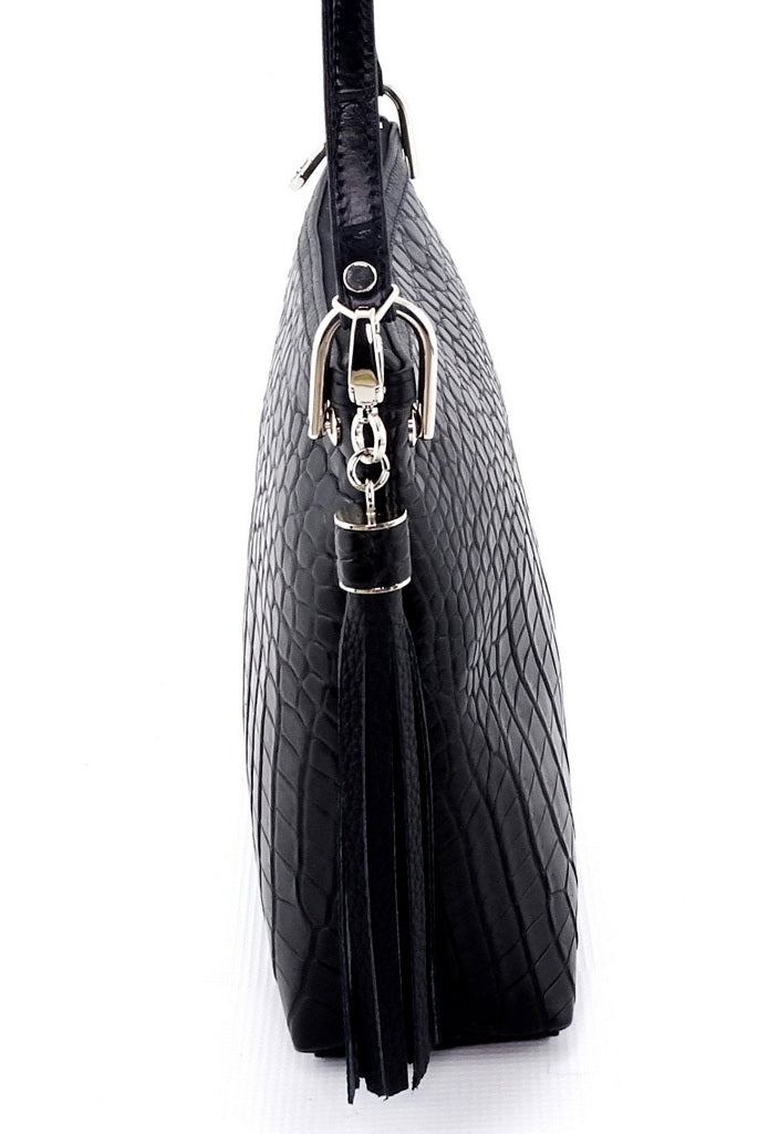 Tote Bag - small - (Rosie) Black Matt crocodile skin view of the end with the tassel