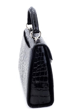 Handbag -traditional - (Joan) - Black glaze crocodile with nickel fittings. This photo is of the left side view showing the gusset crocodile pattern