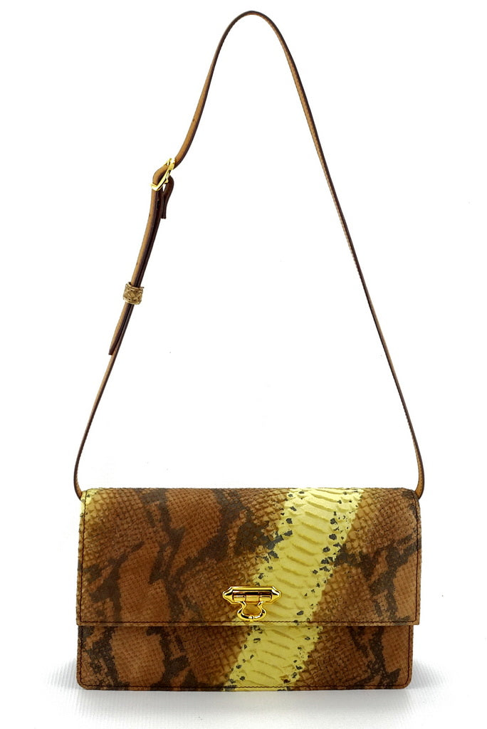 Handbag - cross body - (Tanya)  Leather print in yellow & brown showing the shoulder strap fully extended. This is the front view.