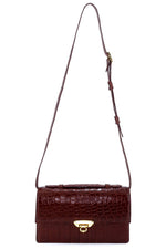Handbag - cross body - (Tanya) Havana tan matt crocodile with Handle. A long view of the front of the bag with shoulder straps fully extended.