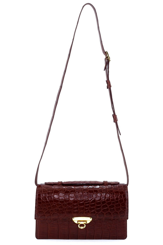 Handbag - cross body - (Tanya) Havana tan matt crocodile with Handle. A long view of the front of the bag with shoulder straps fully extended.