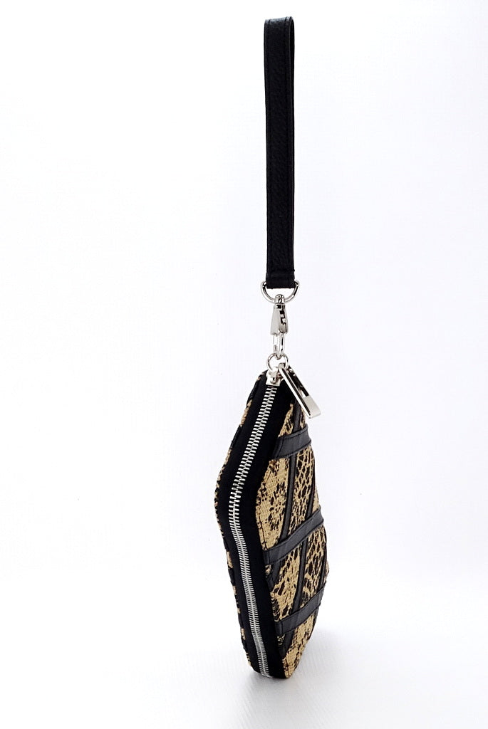 Purse - zip around - (Michaela) Hessian fabric - black & straw colours showing purse suspended by wrist strap showing metal zip