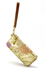 Purse - zip around - (Michaela) - Gold metallic flower fabric suspended by wrist strap