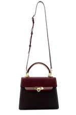 Handbag -traditional - (Beverly) Dark grey, burgundy & lilac showing front of bag with shoulder straps fully extended