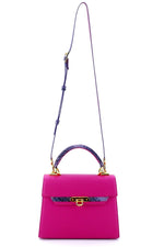Handbag -traditional - (Beverly) - Fuchsia with lilac contrast leather showing front view with shoulder straps fully extended
